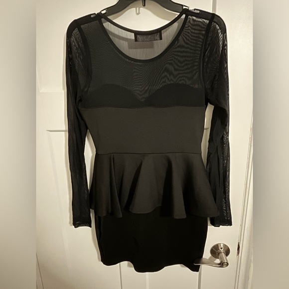 Black peplum mini dress with sheer sleeves. Perfect NYE dress! - Picture 2 of 2